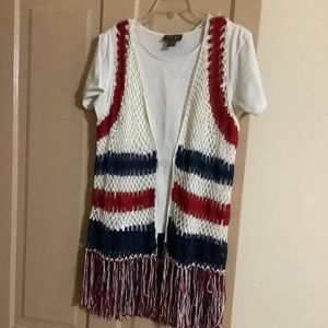 Ladies patriotic sweater vest. Red, white, and blue crocheted with fringe.